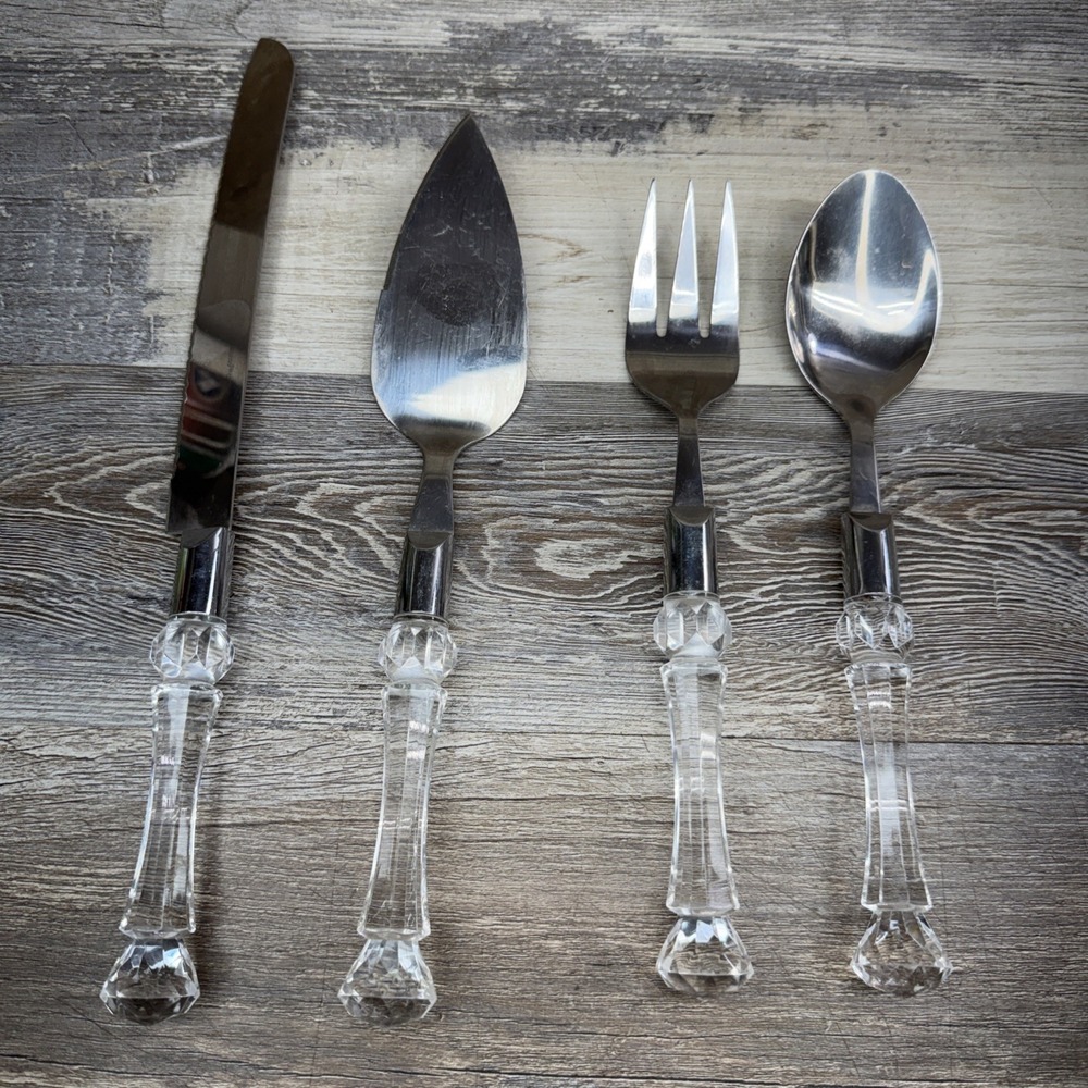Bellamo 4pc Clear Lucite Handle Serving Set Hostess Fork Spoon Utensils MCM